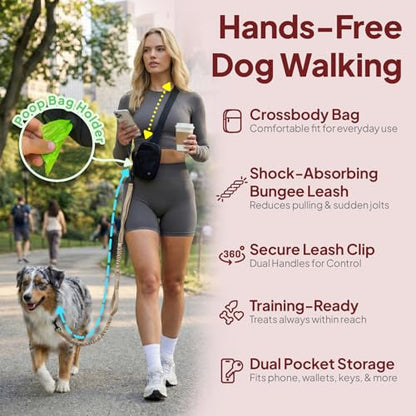 Hands Free Crossbody Dog Leash Bag with Built-in Poop Bag Dispenser & Storage, Dual Bungee Shock-Absorbing Leash with Dual Handles for Small, Medium, Large Dogs Walking Training (Lavender) - color: Lavender