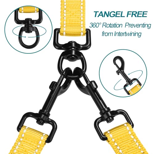 Double Dog Leash, No Tangle Dual Leash, Reflective Walking Training Lead, 4 Comfortable Padded Handles for 2 Dogs with Collapsible Bowl and Waste Bags (Yellow, Large) - color: Yellow