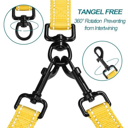 Double Dog Leash, No Tangle Dual Leash, Reflective Walking Training Lead, 4 Comfortable Padded Handles for 2 Dogs with Collapsible Bowl and Waste Bags (Yellow, Large) - color: Yellow