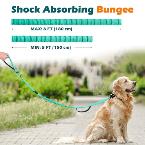 Heavy Duty Tactical Dog Leash, 5 FT Bungee Shock Absorption Leash with 2 Padded Handles, Quick Release Metal Clip, Car Seatbelt, No Pull Training Lead for Large Medium Dogs（Turquoise） - color: Turquoise