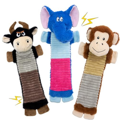 3 Pack No Stuffing Dog Squeaky Toys, Dog Chew Toys with Crinkle and Squeaker, Cute Animal PlushToys to Keep Them Busy, Suitable for Large, Medium and Small Breeds （Elephant&Monkey&Cattle - style: Elephant&Monkey&Cattle