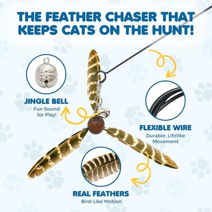 SunGrow Brown Feather Wand, Interactive Indoor Cat Toy with 1 Fishing Pole (34”) and 3 Feather Teasers (7”), Flexible Rod, Feline Fitness and Entertainment, 1 Set Per Pack