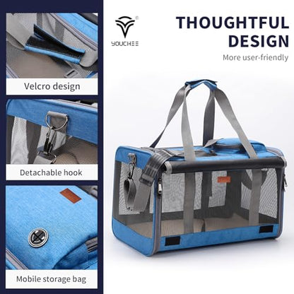 19" L x 10.5" W x 11.5" H Inches Cat, Dog Carrier for Pets Up to 20 Ibs, Washable，Soft Sided，Collapsible Travel Puppy Carrier. (Blue) - color: Blue