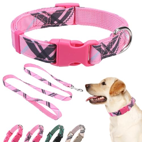 Dog Collar and Leash Set for Medium Dogs, Adjustable Soft Puppy Collar with Quick Release Buckle, 5FT Heavy Duty Nylon Matching Leash for Boy Girl Chihuahua, Yorki, Bulldog, Pink M - color: Pink, size: Medium(Neck:14.2"-20.1")