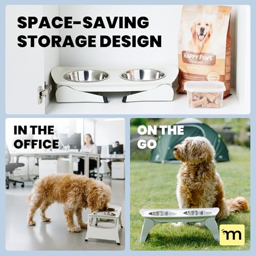 MalsiPree Elevated Dog Bowls for Small Dogs - 6.5" Raised Dog Bowl Stand with Splash Guard - Portable Folding Pet Feeding Station with 2 Stainless Steel Bowls - Travel Road Trip Foldable Collapsible - size: Medium