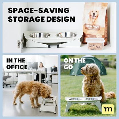 MalsiPree Elevated Dog Bowls for Small Dogs - 6.5" Raised Dog Bowl Stand with Splash Guard - Portable Folding Pet Feeding Station with 2 Stainless Steel Bowls - Travel Road Trip Foldable Collapsible - size: Medium