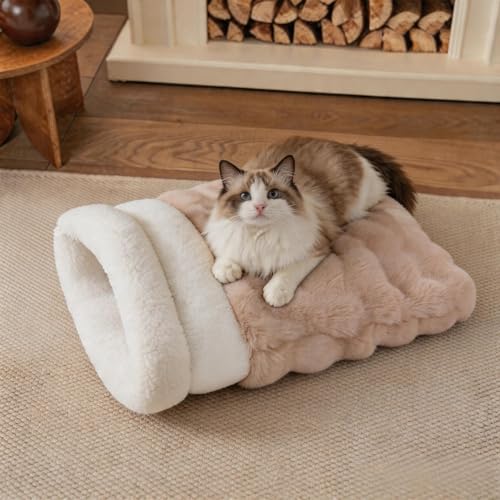 4 in 1 Self Warming Burrow Cat Bed, Pet Hideway Sleeping Cuddle Cave (Style- Camel) - color: Style- Camel