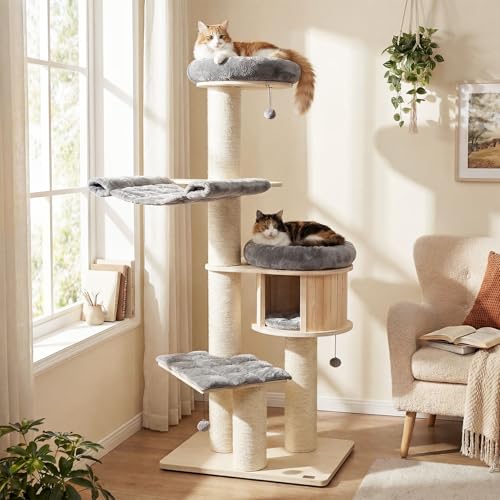 Tangkula Modern Cat Tree, Multi-Level Large Cat Tower with Condo, Hammocks & Hanging Basket, Tall Cat Tree with Sisal Posts, Washable Cushions, Wood Cat Trees and Towers for Indoor Large Cats - color: Gray, size: 68.5 Inches