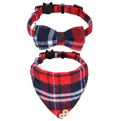 Faleela Breakaway Cat Collar with Bells - 2 Pack Cat Collar with Bells, Cat Collars with Bandana, Accessories for Pet Collars, Adjustable for Cats and Small Dogs - color: Red bow+bandana