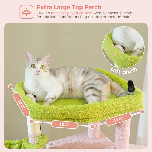 71.2 Inches Flower Tall Cat Tree for Large Cats, Multi-Level Cat Tower with 2 Cozy Condos, Super Large Top Perch, 3 Hammocks, Sisal Scratching Posts and 2 Pompoms, Pink - color: Pink, size: 71.2 Inches
