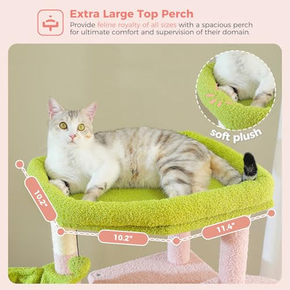 71.2 Inches Flower Tall Cat Tree for Large Cats, Multi-Level Cat Tower with 2 Cozy Condos, Super Large Top Perch, 3 Hammocks, Sisal Scratching Posts and 2 Pompoms, Pink - color: Pink, size: 71.2 Inches