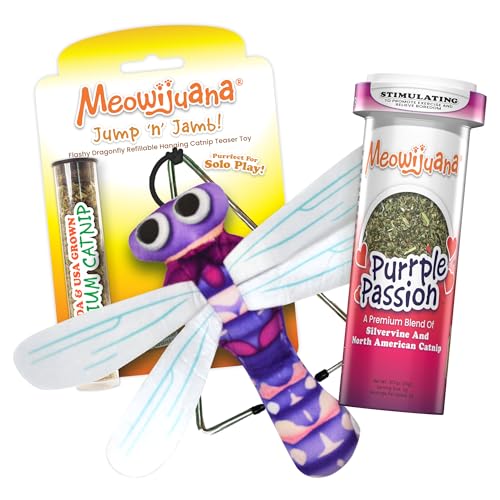 Meowijuana Dragonfly Jump 'n' Jamb Door Hanging Cat Toy and Purrple Passion Catnip Blend | Refillable Interactive Catnip Toy | Catnip Grown in North America - color: Dragonfly & Purrple Passion Blend