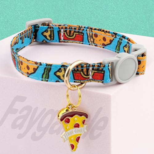 Faygarsle 2 Pack Breakaway Cat Collar with Bells for Female Malel Cats Cute Blue White Collar with Pizza Fries Charm for Cats - color: Blue&White