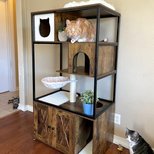 Cat Litter Box Furniture Enclosure 4 Levels Cat Tree Hidden Cabinet with Storage and Scratch,4 Tiers