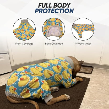 Tooth & Honey Dog Pajamas for Large Dogs, Ultra-Soft Stretch Fabric Onesie PJs, Lightweight Breathable Dog Clothes for Pitbulls & Large Breed-Rubber Duck Print - size: X-Large