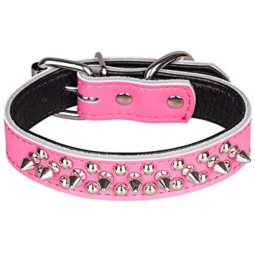 Spiked Studded Dog Collar, Soft Genuine Leather Dog Collar, Adjustable Dog Collars for Small Medium Large Dogs Breeds Pit Bull (S fit Neck 10.5-13", Hot Pink2) - color: Hot Pink2, size: S fit Neck 10.5-13"