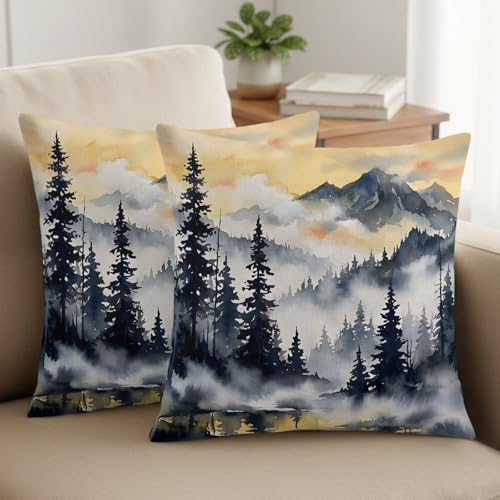 Throw Pillow Covers Set of 2 Pine Forest Decor Pillow Covers with Zipper Mist Mountains Nature Landscape Pillowcase Cushion Cover for Sofa Couch Bed Home 16x16 Inch - color: Green, Gray, Cream, size: 16" x 16" (Pack of 2)