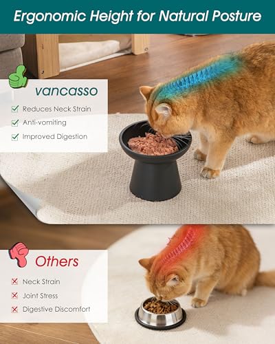 vancasso Elevated Cat Food Bowls 2-Pack, 6.2" Wide Shallow Cat Feeding Bowl for Whisker Fatigue, 5.1" Height Ceramic Raised Food Bowls for Senior Cats, Anti Vomit, Black - color: Black-Food 2-pack