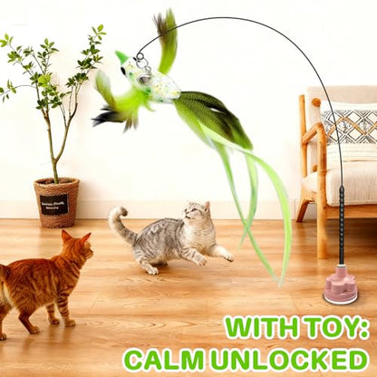 Walfront Christmas Cat Toys, Green Feather Bird Wand with Pink Flower Suction Base, Fishing Rod Design, Indoor Play for Adult Cats, Single Cat Homes, Fun Self Play and Relaxing Mood