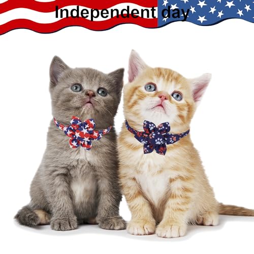 ADOGGYGO American Flag Cat Collars with Removable Flower Bell, Adjustable Red Blue 4th of July Flag Pattern Floral Collars for Cats Kittens - color: 4th of July