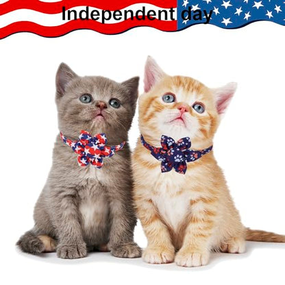 ADOGGYGO American Flag Cat Collars with Removable Flower Bell, Adjustable Red Blue 4th of July Flag Pattern Floral Collars for Cats Kittens - color: 4th of July