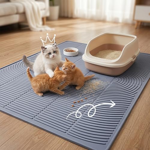 Extra Large Cat Litter Mat 47" x 35" Silicone Litter Trapping Mat for Scatter Control, Catcher for Kitty Litter, Non-Slip Waterproof Floor Protector, Easy to Clean, Gray
