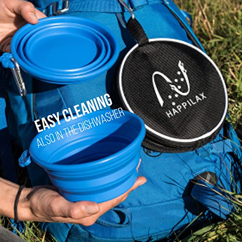 Travel Dog Bowl Set - 2 Foldable Silicone Food and Water Bowls with Carabiners and Bag - Collapsible Feeding Bowls for Wet and Dry Food - 680ml Capacity - Available in Black and Blue