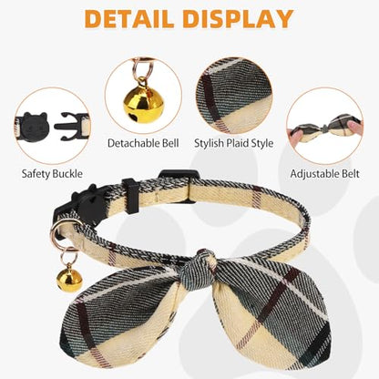 KOOLTAIL Cat Collar Breakaway with Bowtie and Bells, 2 Pack Cute Kitten Collars for Boys & Girls, Classic Plaid Design with Safety Buckle Adjustable for Small Large Cats Puppy,Black & Beige - color: Beige & Black Plaid