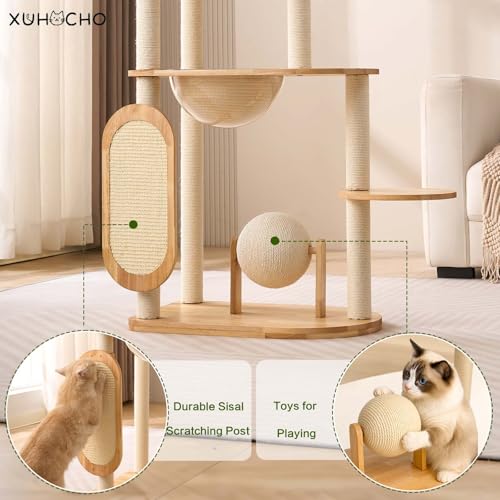 Modern Cat Tree with Scratching Post, Solid Rubber Wood Cat Tree Tower for Indoor Cats with Cotton Nest, Space Capsule, Cat Scratching Ball and Board