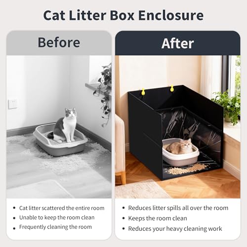 Aokeyee Black Waterproof Cat Litter Box Enclosure Splash Guard with Removable PVC Mat, Foldable Pet Litter Box Shield with 2 Hooks - color: Black