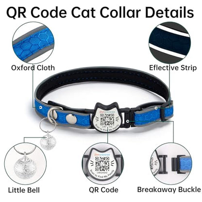 Cat Collar with Bells Reflective Cat Collars Breakaway with Oxford Cloth Soft Padding Adjustable Kitten Collar with QR Code(Blue) - color: Blue