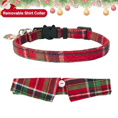 ADOGGYGO Christmas Cat Collars Breakaway with Bow Bell, 2 Pack Stylish Red Green Plaid Xmas Kitten Collar with Removable Shirt Collar, Plaid Christmas Collars for Cats Kittens - color: Christmas-3