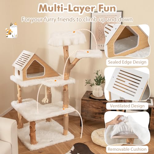 Tangkula Solid Wood Cat Tree, Modern Wooden Cat Tower with Jute Scratching Posts, 2 Perches, Condo, Sisal Rope, Soft Long Plush, 60 Inch Tall Cat Tree Tower for Indoor Cats Large Adult - style: Triangle Condo