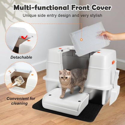Vivifying Stainless Steel Litter Box with Lid, XL Side Entry Extra Large Litter Box for Big Cats & Kitty, Removable Enclosed Metal Cat Pan with High Sided Enclosure, Scoop, Mat, Footboard (Beige) - color: Beige