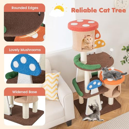 Tangkula Mushroom Cat Tree, Multi-Level Cute Cat Tower with Full-Wrapped Sisal Posts, Scratching Boards & Interactive Balls, 2 Cat Condo, Flower Cat Tree Tower for Indoor Cats Large Adult (57.5 Inch) - size: 57.5 Inch