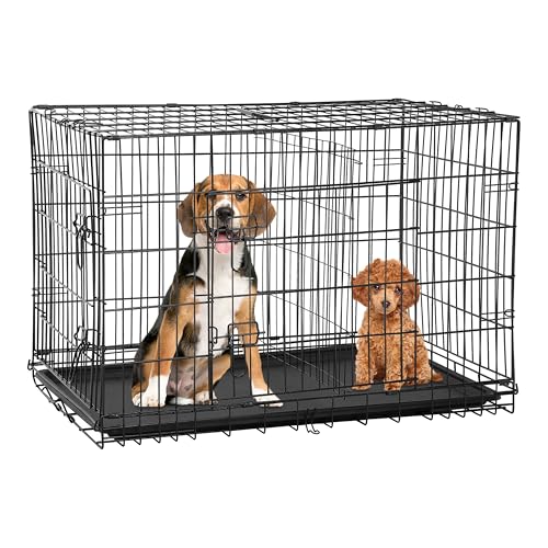 24/7 Shop at Home Gossamer Metal Double Door Folding Wire Pet Crate with Divider, Removable Tray, and Handle for Outdoor and Indoor Medium Dog, 48-inch, Black - size: 47.2"L x 28.9"W x 30.9"H