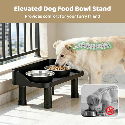 Elevated Dog Food Bowl Stand, 0.9-8.39 in Adjustable Raised Feeding Station, Splash Proof Pet Feeder with Non-Slip Silicone Pad, Neck Protection Eating Table for Large Medium Puppy Dogs Cats