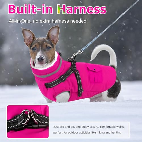 Dog Coat with Harness, Waterproof Warm Dog Winter Jacket with Pockets, Reflective Pet Fleece Jacket Turtleneck Snowsuit for Small Medium Large Dogs - Pink, L - color: Pink, size: Large(Chest:24.8" Back:16.9" Neck:17.7")