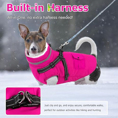 Dog Coat with Harness, Waterproof Warm Dog Winter Jacket with Pockets, Reflective Pet Fleece Jacket Turtleneck Snowsuit for Small Medium Large Dogs - Pink, L - color: Pink, size: Large(Chest:24.8" Back:16.9" Neck:17.7")