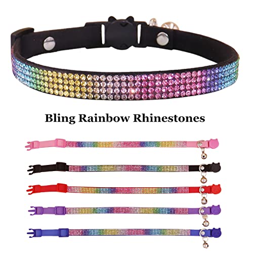 THAIN Bling cat Kitten Collar Rainbow Rhinestone Breakaway Diamond with Bell Soft Velvet Quick Release (Black) - color: Black