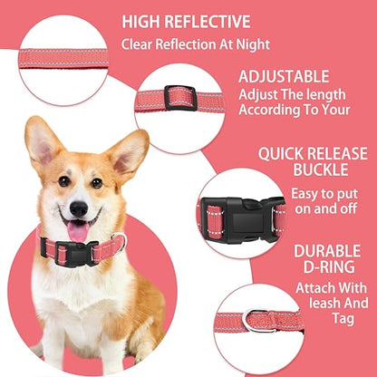Reflective Dog Collar with Safety Locking Buckle, Adjustable Soft Breathable Nylon Collars for Small, Medium and Large Dogs(Collar+Leash XS Width 5/8" Pink) - color: Pink, size: X-Small (Width 5/8")