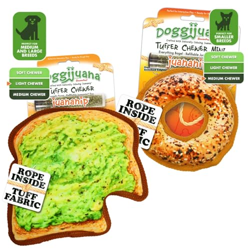 Doggijuana Cafe Combo Refillable Juananip Toy Bundle | Avocado Toast & Everything Bagel | Funny Dog Toy Plush with Catnip and Refill | Interactive Chew for Play - style: Avocado Toast & Everything Bagel