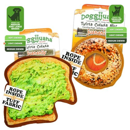 Doggijuana Cafe Combo Refillable Juananip Toy Bundle | Avocado Toast & Everything Bagel | Funny Dog Toy Plush with Catnip and Refill | Interactive Chew for Play - style: Avocado Toast & Everything Bagel