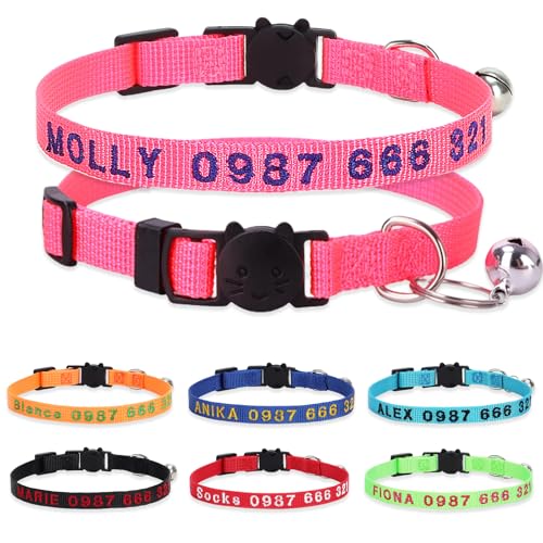 Personalized Cat Collars, Embroidered with Pet Name and Phone Number, Adjustable Nylon Breakaway Safety Release Buckle ID Collar,Custom Text with Bell for Cat or Kitten,Pink - color: Pink