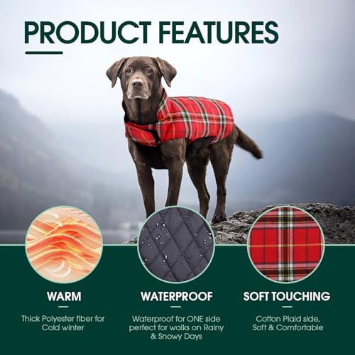 Kuoser Warm Dog Coat, Waterproof Dog Jacket for Extra Large Dogs, Adjustable Durable XL Doggie Winter Coat Reversible Cozy Puppy Cold Weather Apparel from Small to Large Breed, Bright Red XL - color: Bright Red, size: X-Large (Pack of 1)