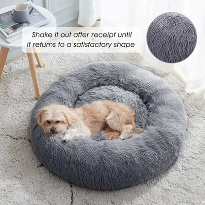 SALAN Calming Donut Dog Bed for Small Dogs and Cats, 16 Inch Round Plush Faux Fur Pet Bed, Washable Fluffy Self Warming Anti Anxiety Cuddler Bed for Puppy, Kitten, Indoor Cats (Khaki) - color: Khaki