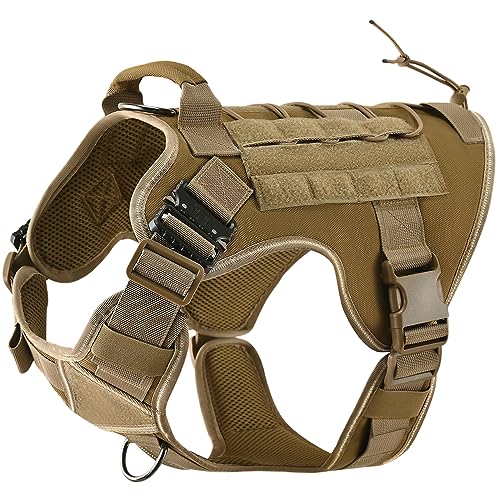 Tactical Dog Harness, 2X Metal Buckle, Military Reflective Dog Harness with Hidden Airtag Holder and Handle, Adjustable No-Pull Service Dog Vest with Molle & Loop Panels - color: Khaki, size: XL