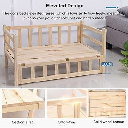 TsoLay Dog Bed Pet Dogs Bed Wooden Pet Bed Elevated Dog Bed Cats Cot with Stairs Guardrail Removable Frame Soft Washable Mattress Four Seasons Use for Dogs Pet Cat - size: 108×60cm/42×23in