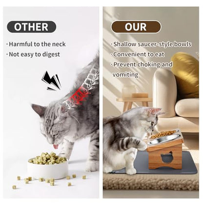 Elevated Cat Bowls with Silicone Mat, 15° Tilted Solid Wood Stand, Raised Stainless Steel Food & Water Dishes for Cats and Small Dogs, Anti-Vomiting Design(Teak) - color: Teak