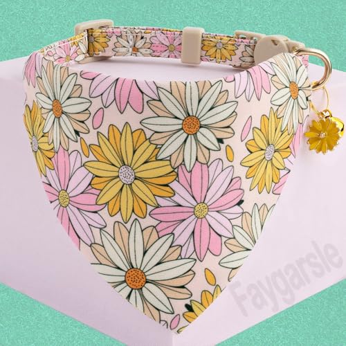 Faygarsle 2 Pack Floral Cat Collar Set with Bandana and Bow Tie, Pink and Yellow Daisy Pattern, Breakaway Safety Buckle - color: Yellow Flower
